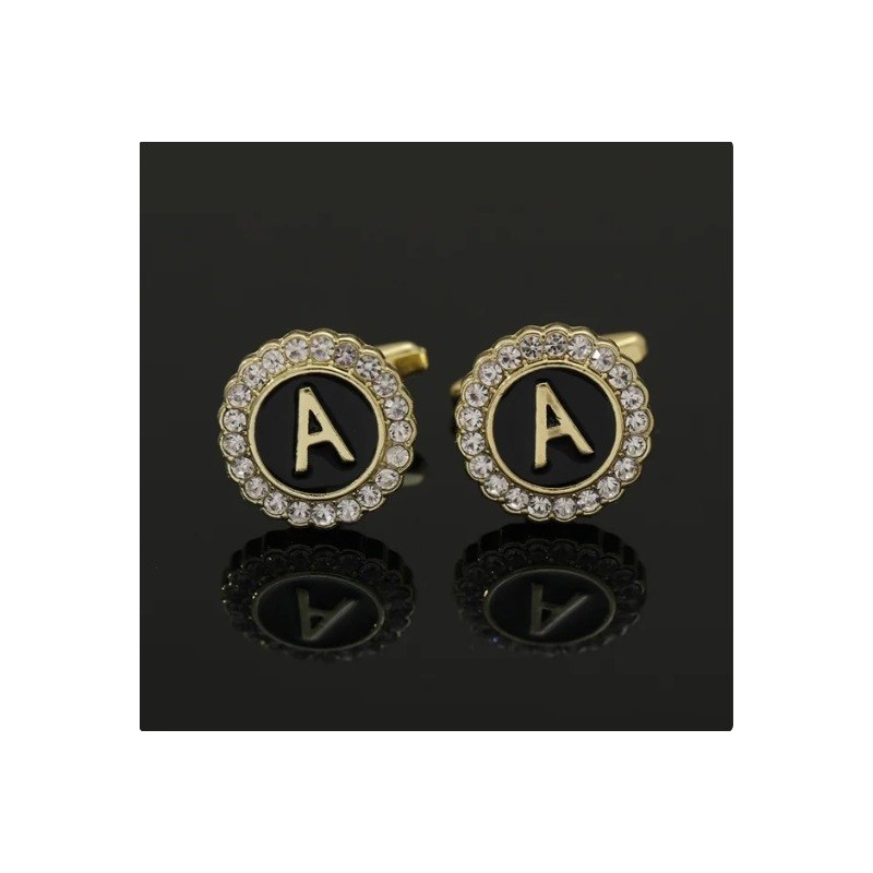 2 Pieces Round Rhinestone Crystal Cufflinks with Alphabet Letters