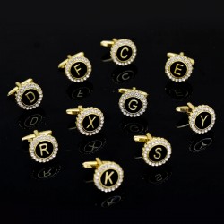 2 Pieces Round Rhinestone Crystal Cufflinks with Alphabet Letters