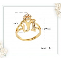 Open Alphabet Letter Adjustable Ring with Crown Gold Color Ring for Fashion Jewelry