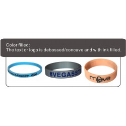 Embossed, Debossed, Screen Print, Color Filled, Glow Customized Text Rubber Wristbands in Various Colors