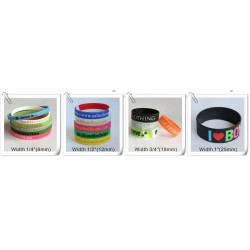 Embossed, Debossed, Screen Print, Color Filled, Glow Customized Text Rubber Wristbands in Various Colors