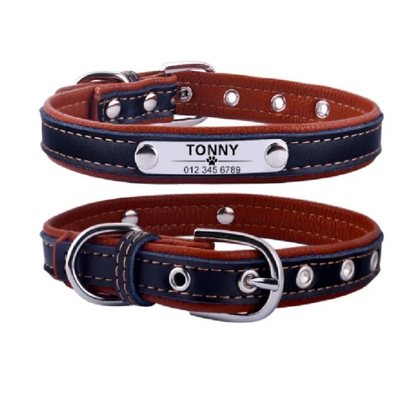 Adjustable Custom Engraved Personalized Leather Dog Collar with Name ID - Sizes XS to Large